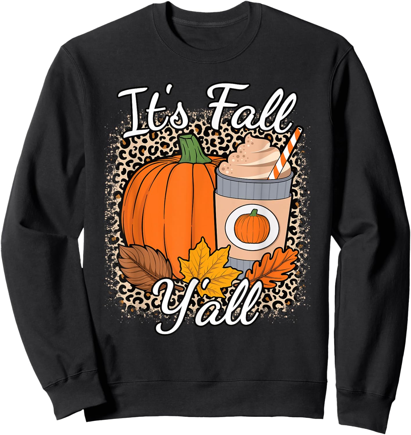 Its Fall Y'all Leopard Print Pumpkin Autumn Women Girls Kids Sweatshirt - Sweatshirt | Black