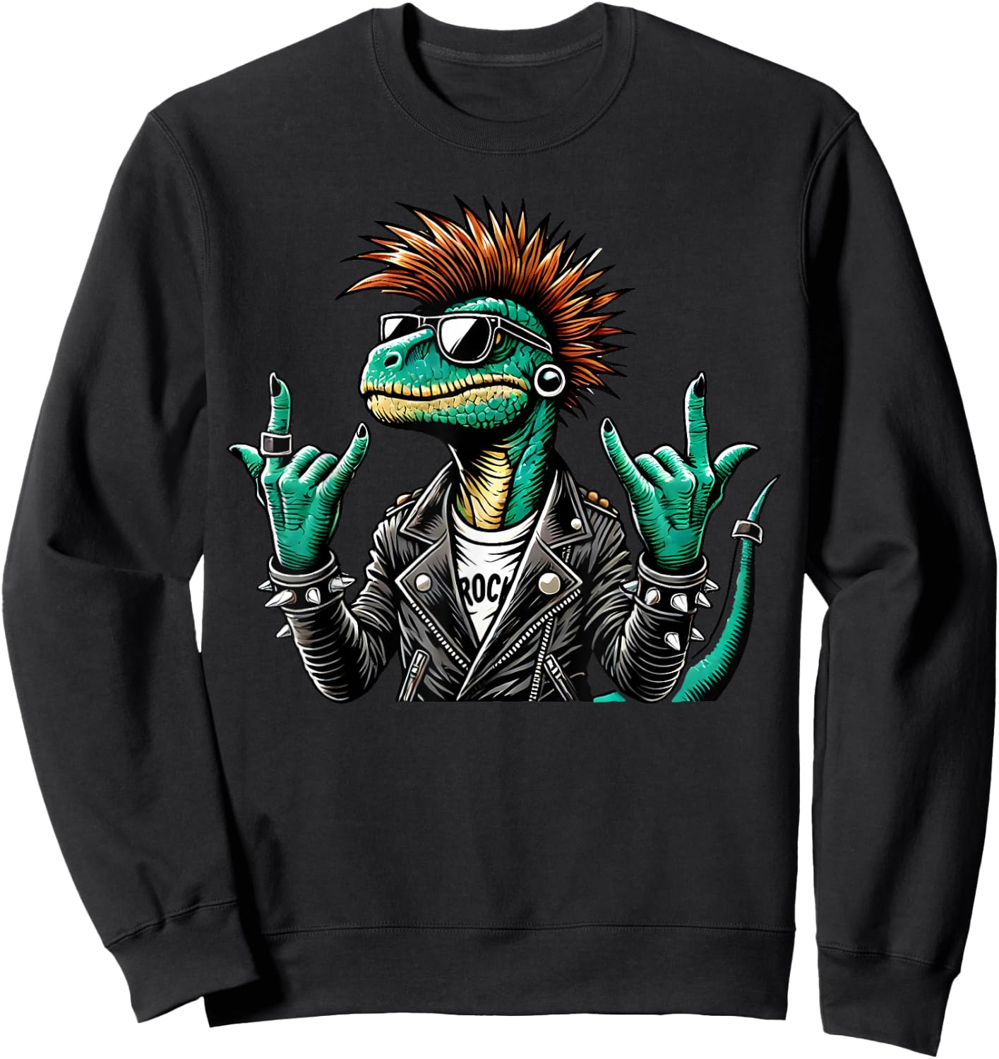 Funny Punk Dinosaur, Cute Rock Dinosaur Gothic Rex Dinosaur , Black, S Sweatshirt - Sweatshirt | Black