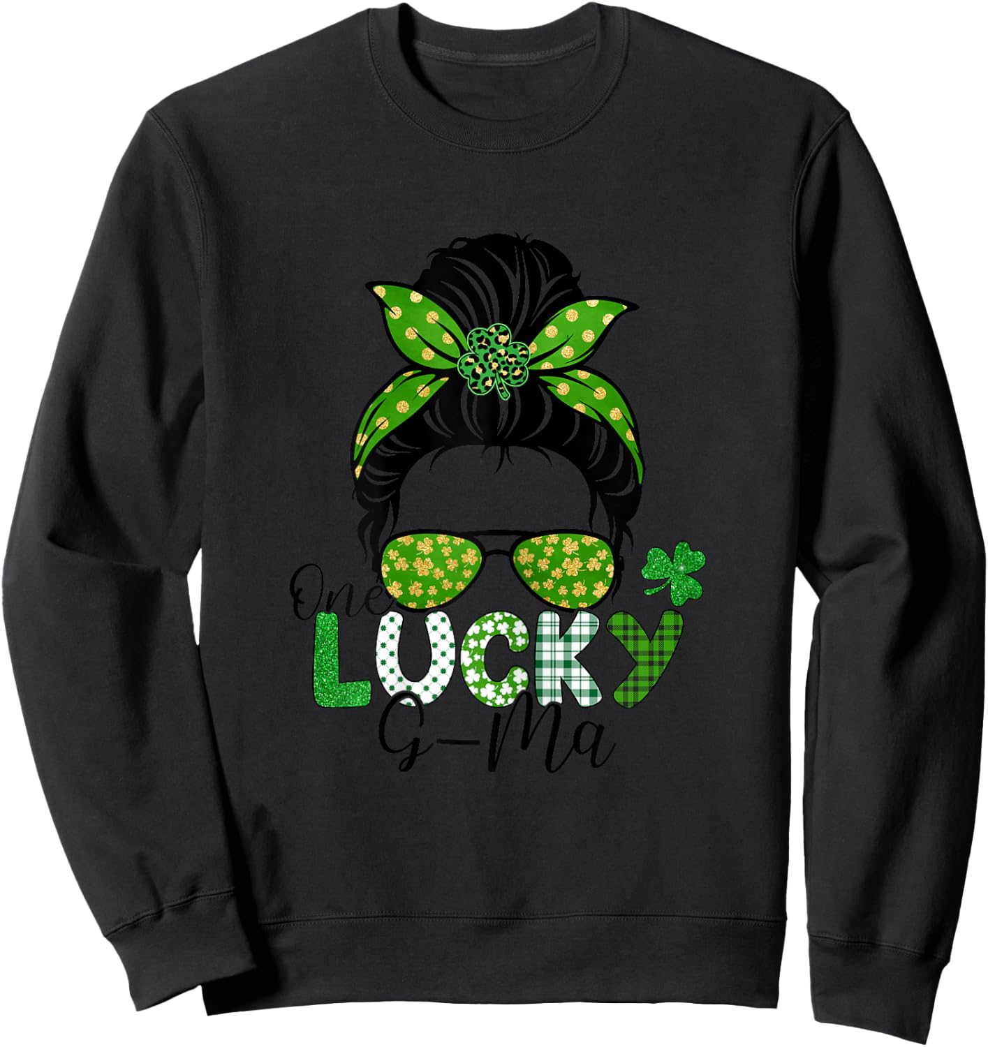 One Lucky G-Ma St Patricks Day Leopard Shamrock Messy Bun Sweatshirt - Sweatshirt | Black
