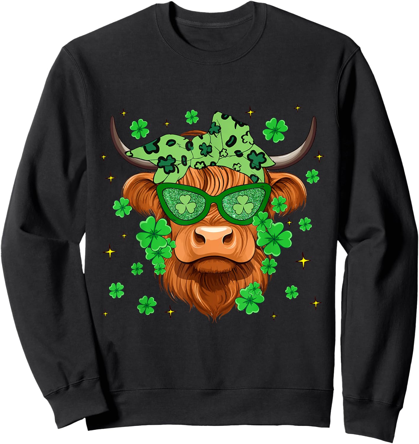 Scottish Highland Cow St Patricks Day Shamrock Irish Holiday Sweatshirt - Sweatshirt | Black