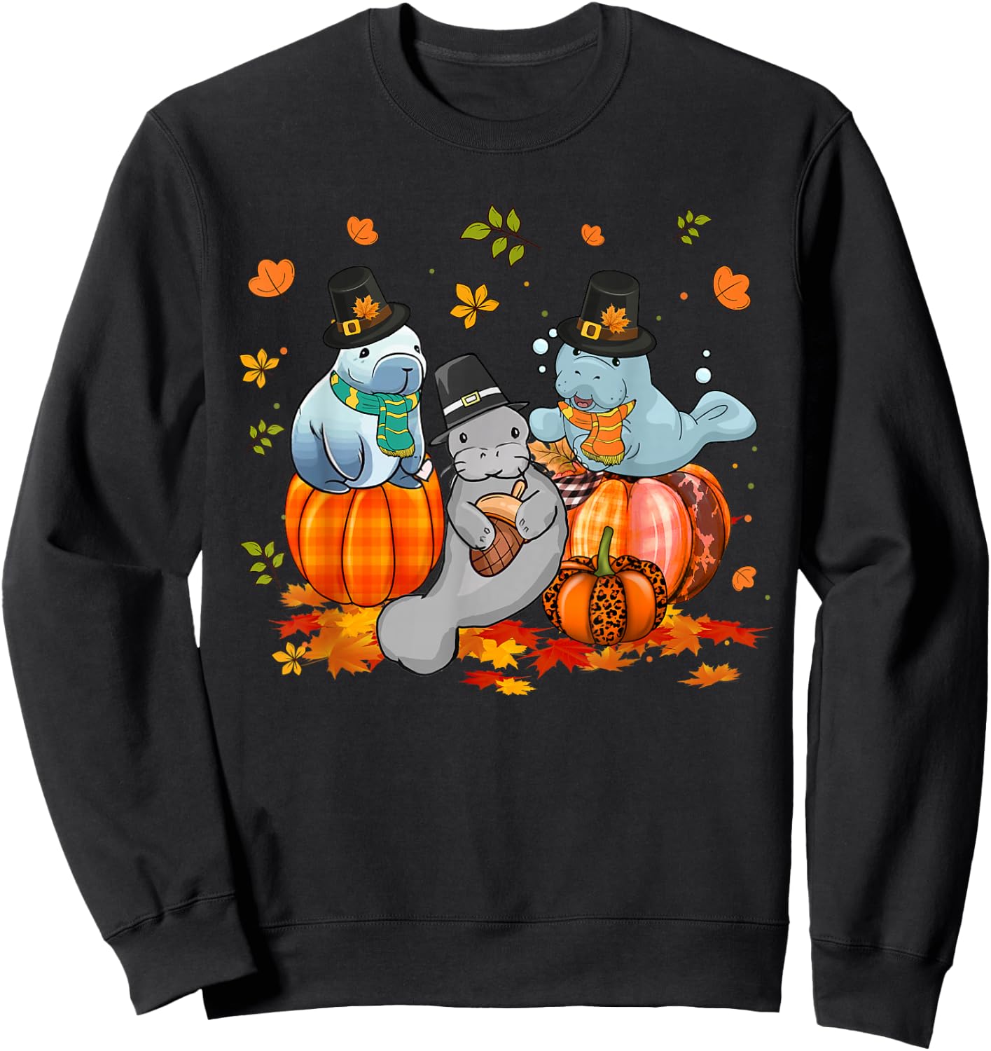 Manatee Pumpkin Leopard Buffalo Plaid Fall Thanksgiving Sweatshirt - Sweatshirt | Black