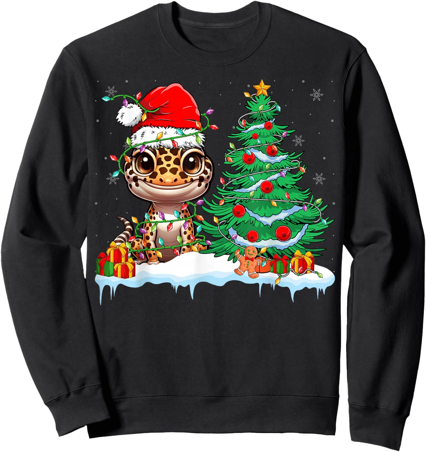 Leopard Gecko Santa Hat Xmas Lights Gecko Lover Christmas Sweatshirt - Sweatshirt | Black
