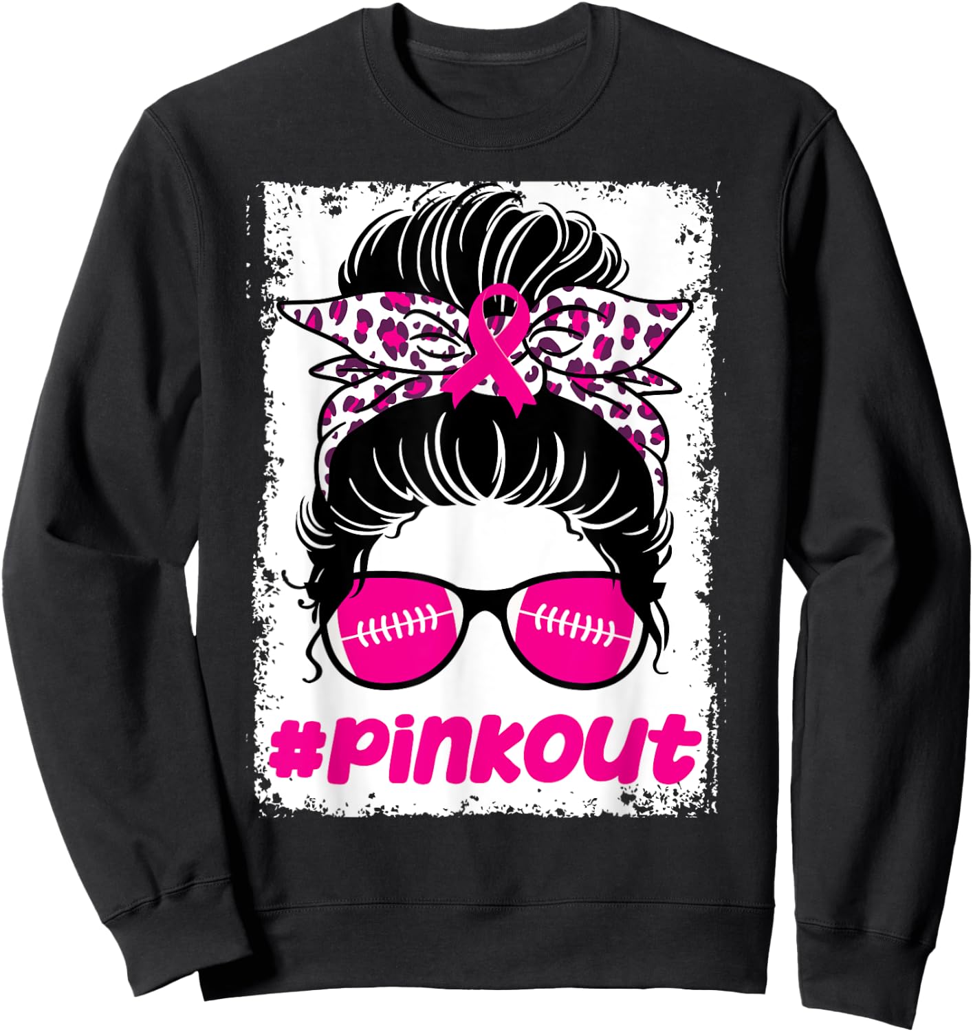 Pink Out Ou Breast Cancer Football Messy Bun Cheer Bleached Sweatshirt - Sweatshirt | Black