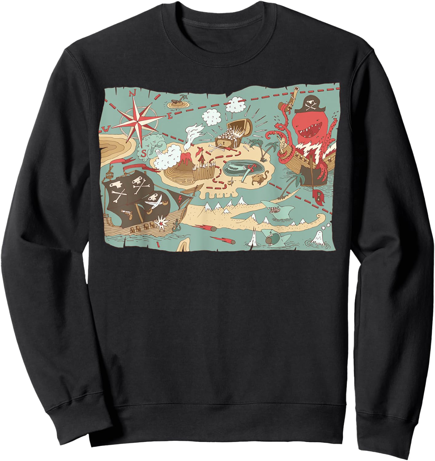 Treasure Map Ship Sharks Pirates & Skulls Shirt Boys Kids Sweatshirt - Sweatshirt | Black