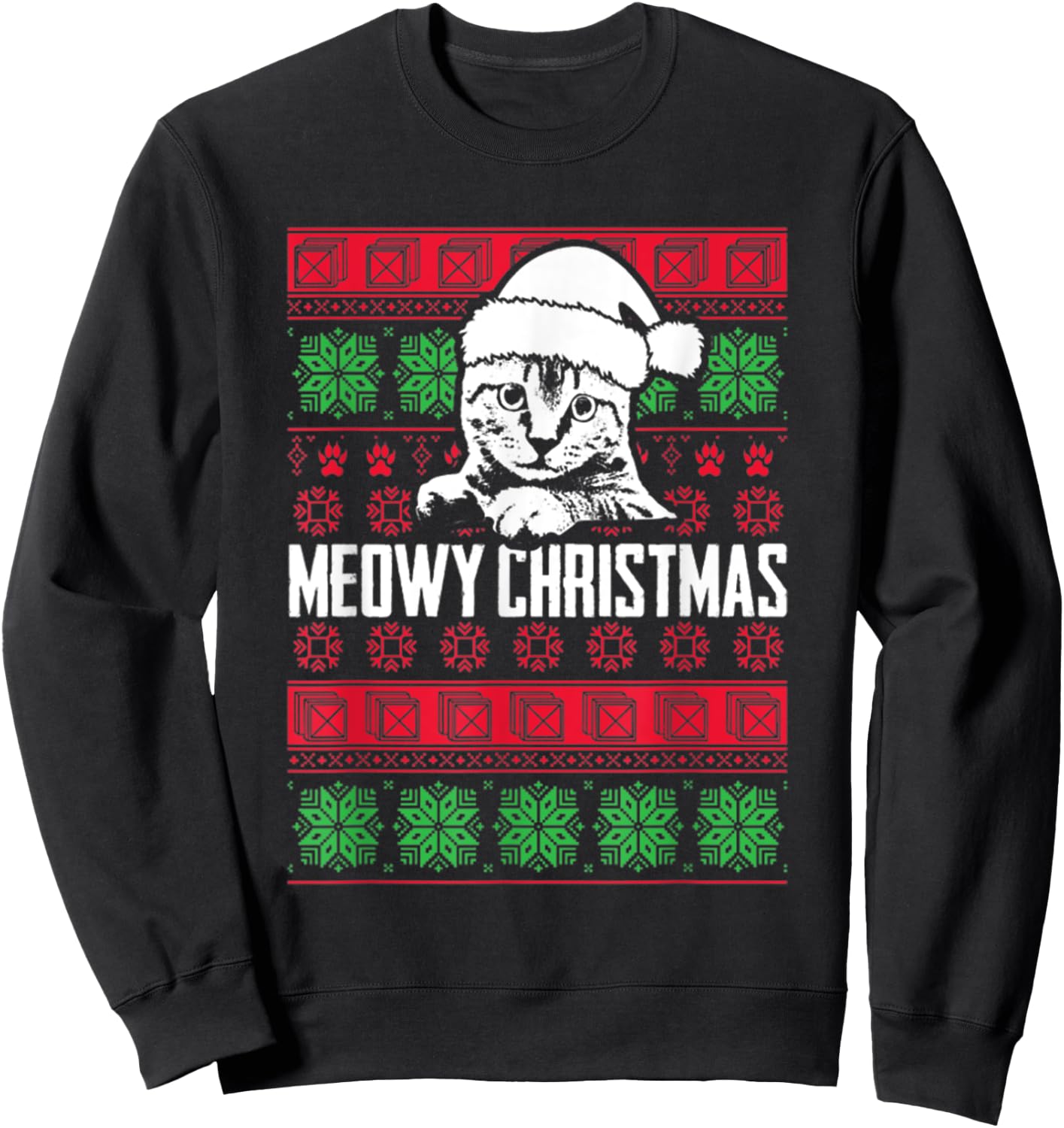 Meowy Cat Pet Owner Lover Pun Funny Ugly Christmas Sweater Sweatshirt - Sweatshirt | Black
