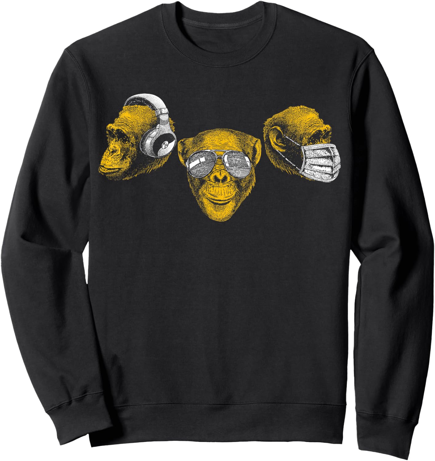 Three Chimpanzee Heads Wise Monkey Speak Hear & See No Evil Sweatshirt - Sweatshirt | Black