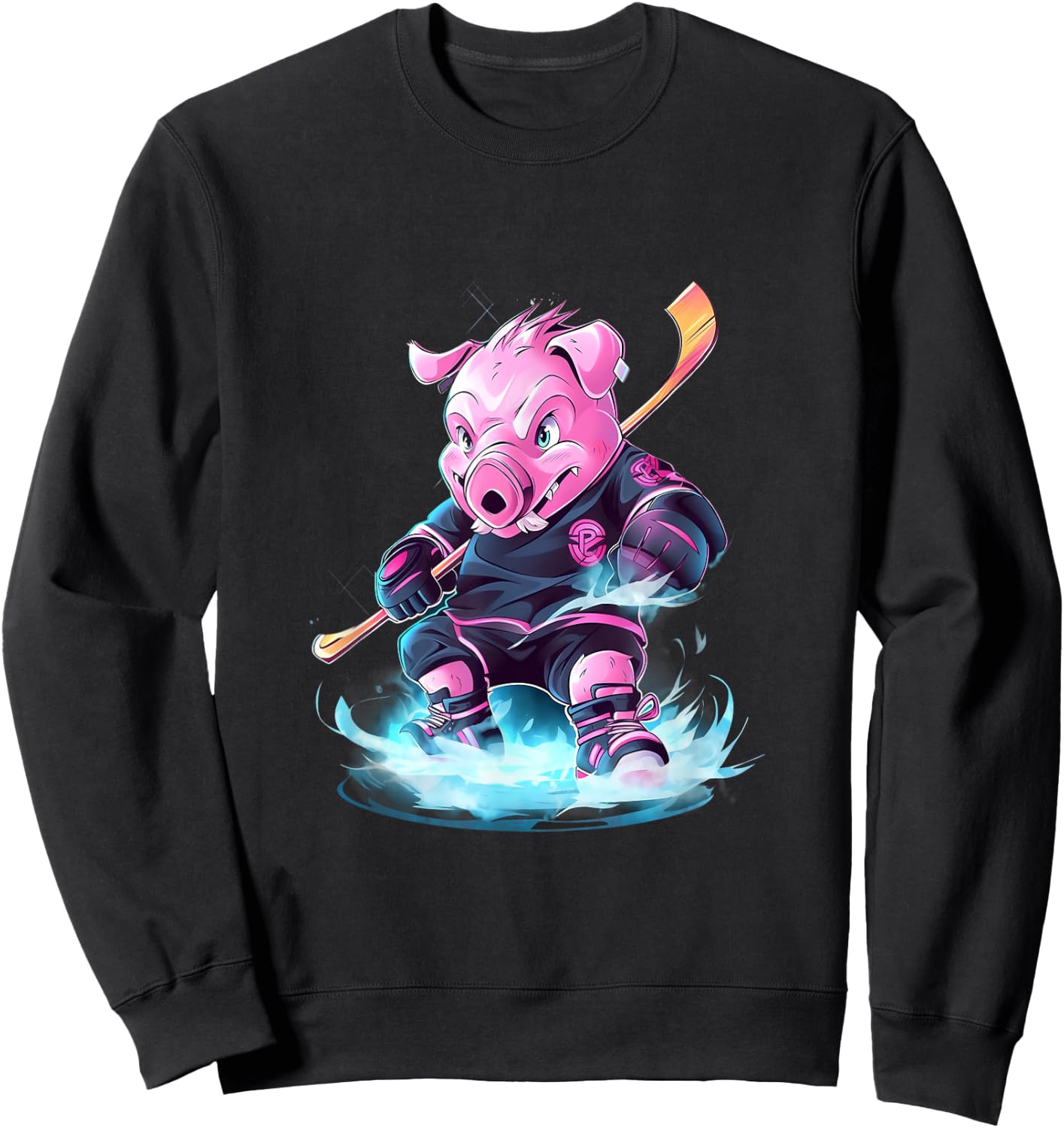 Pig Ice Hockey Player Hockey Stick Goalkeeper Sweatshirt - Sweatshirt | Black