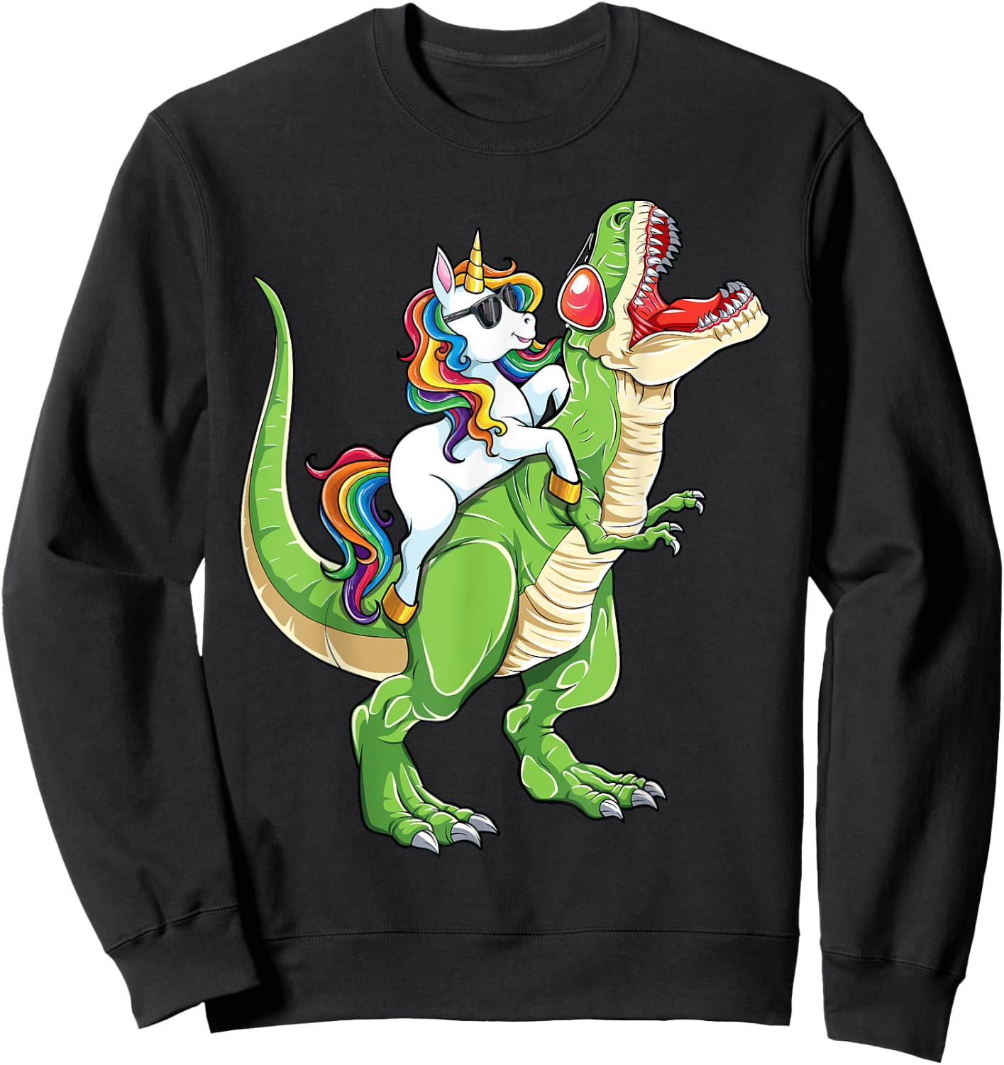 Unicorn Riding T rex Dinosaur Boys Girls Men Women Funny Sweatshirt - Sweatshirt | Black