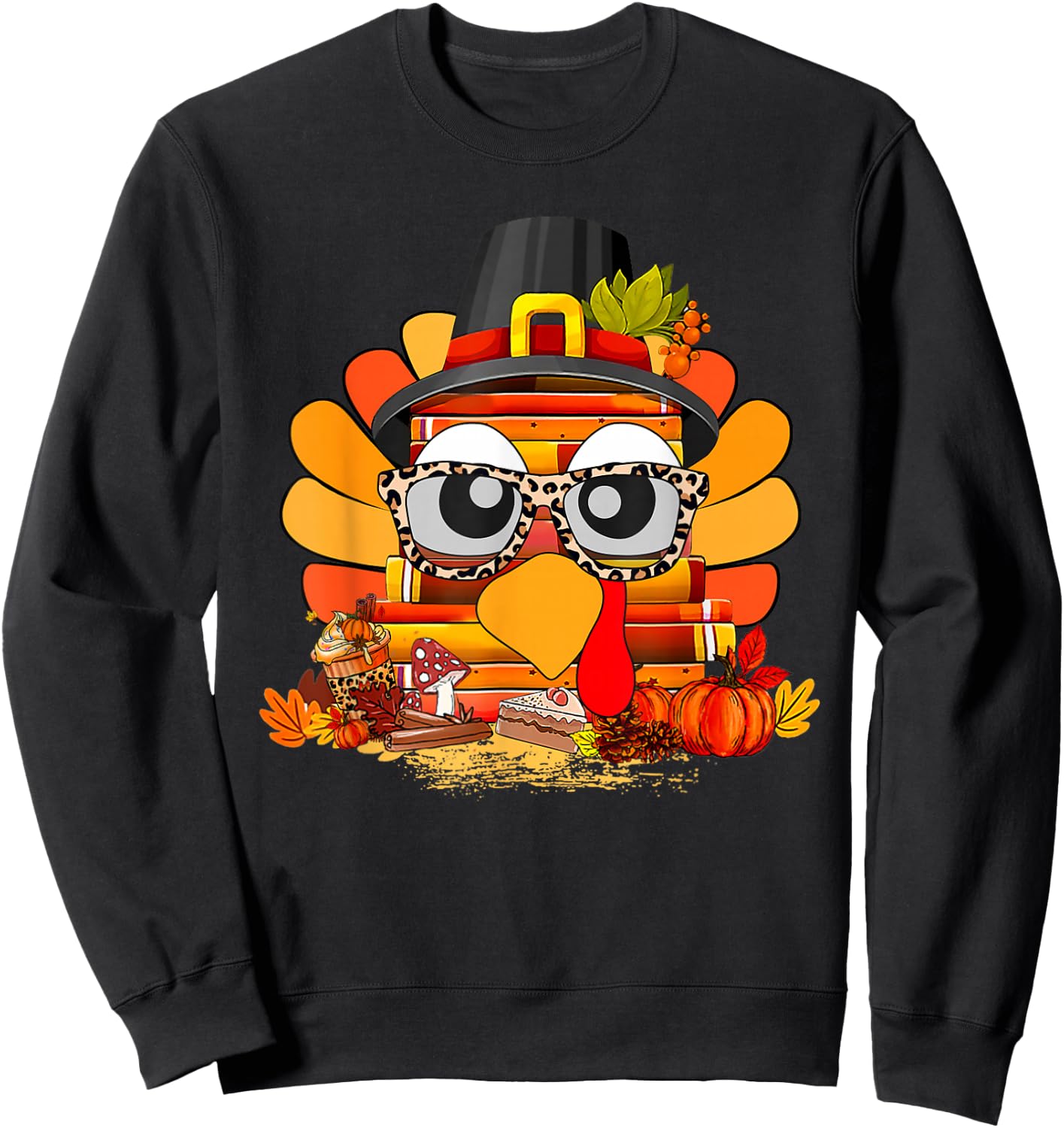 Books Turkey Face Teacher Read Fall Thanksgiving Men Women Sweatshirt - Sweatshirt | Black