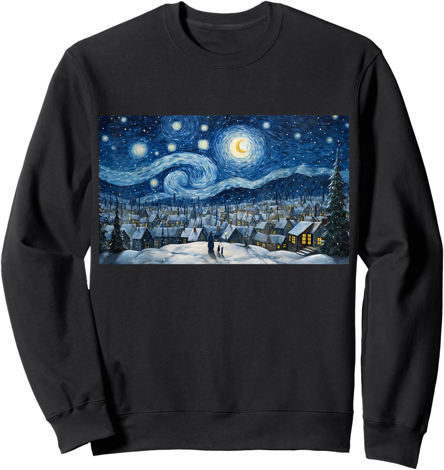Snowy Winter Christmas Starry NIght Painting Art Sweatshirt - Sweatshirt | Black