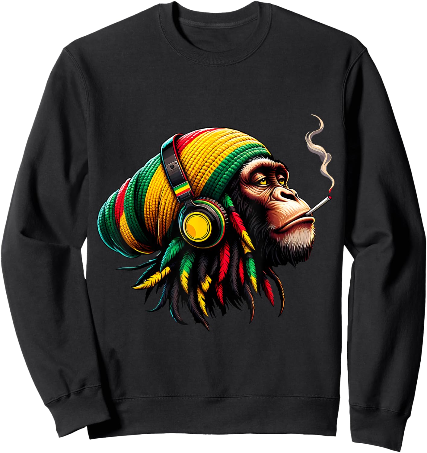 Jamaican Roots Reggae Chimpanzee Headphones Rastafari , Black, S Sweatshirt - Sweatshirt | Black