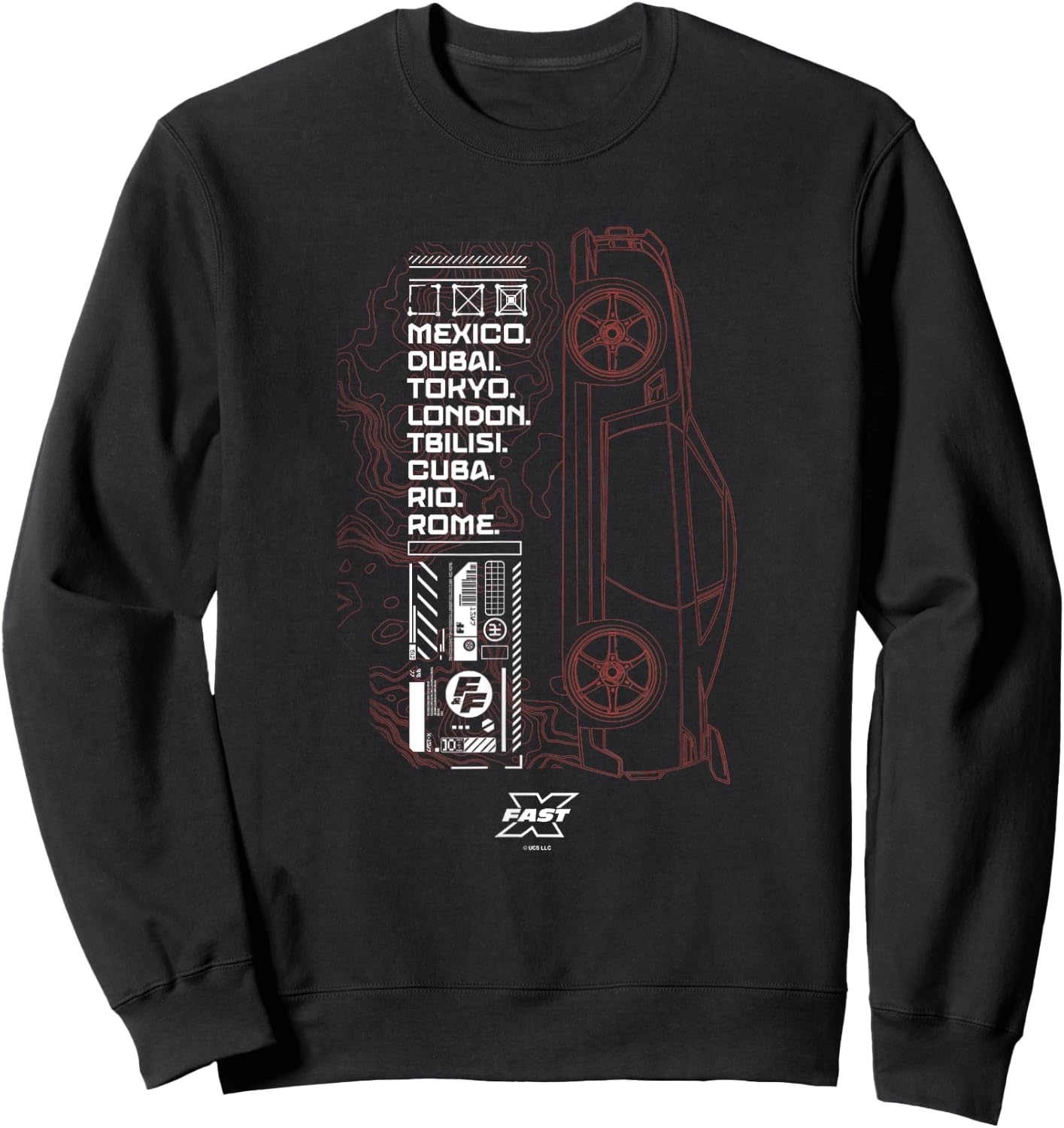 Fast X Worldwide Cities Fast & Furious Red Car Tactical Map , black Sweatshirt - Sweatshirt | Black