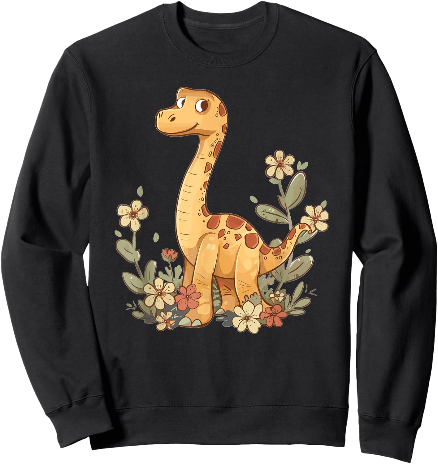 Cute Brachiosaurus With Flowers I Kids Brachiosaurus Sweatshirt - Sweatshirt | Black