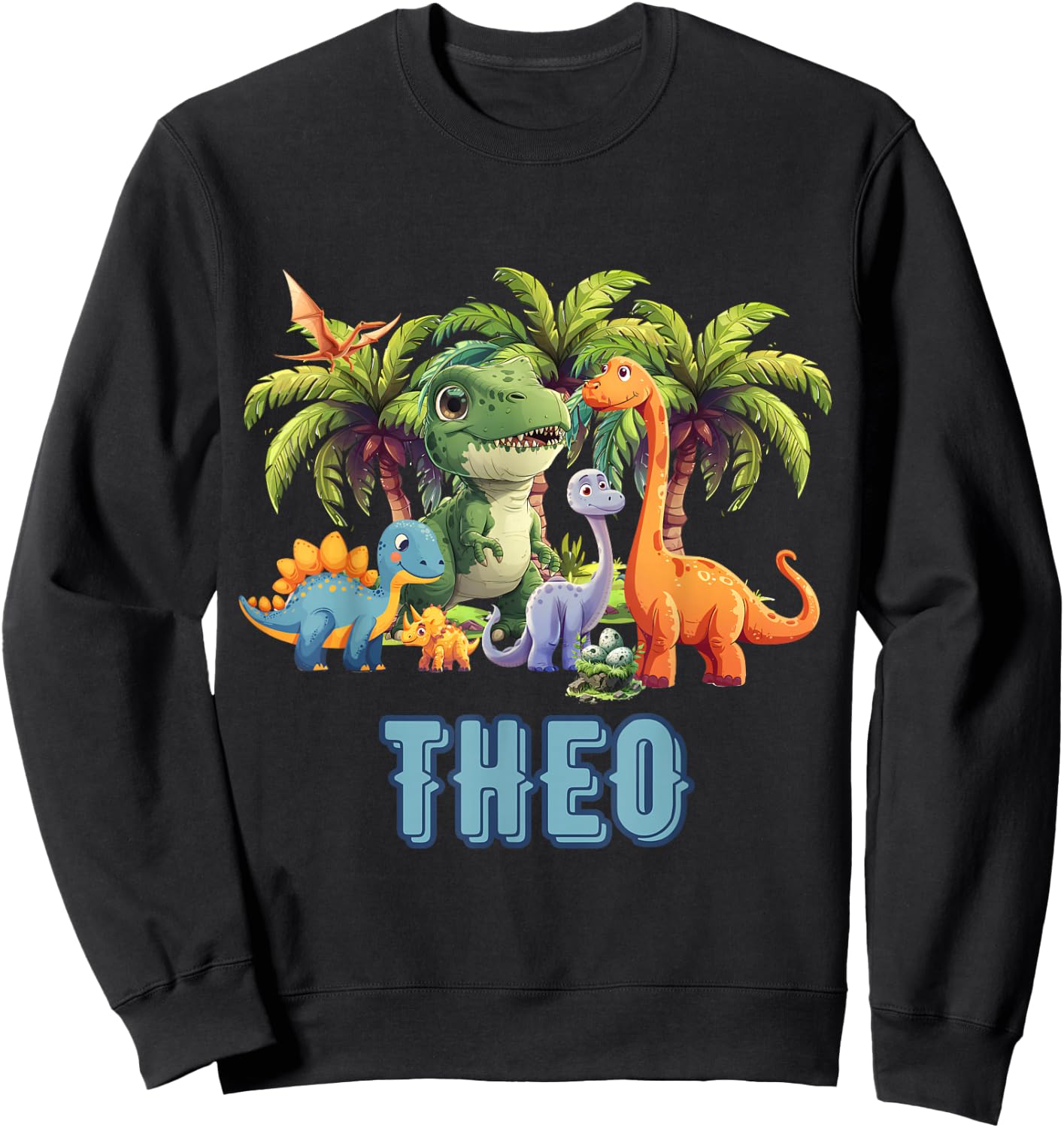 THEO Dinosaur Personalized Custom First Name Toddler Boy Sweatshirt - Sweatshirt | Black