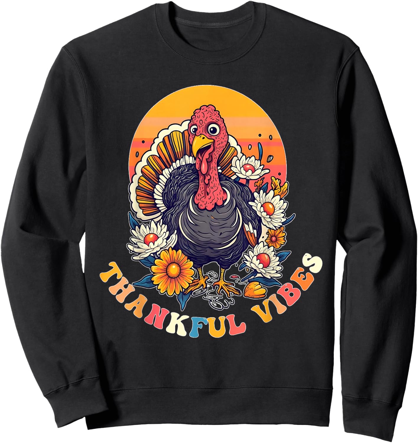 Thankful Vibes Turkey Funny Groovy Thanksgiving Women Girl Sweatshirt - Sweatshirt | Black
