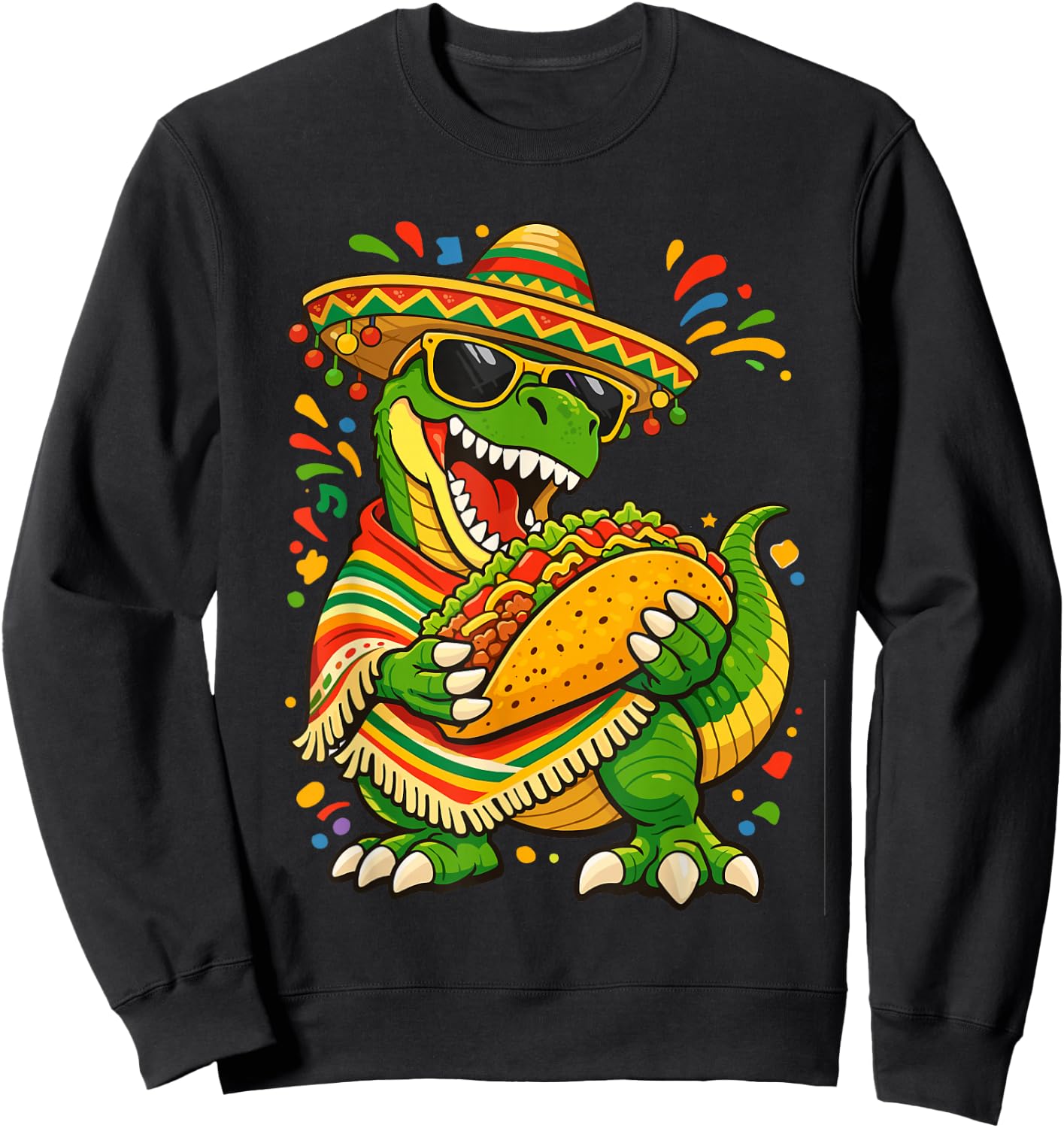 Cinco De Mayo Dinosaur Mexican T Rex Eating Taco Sombrero Sweatshirt - Sweatshirt | Black