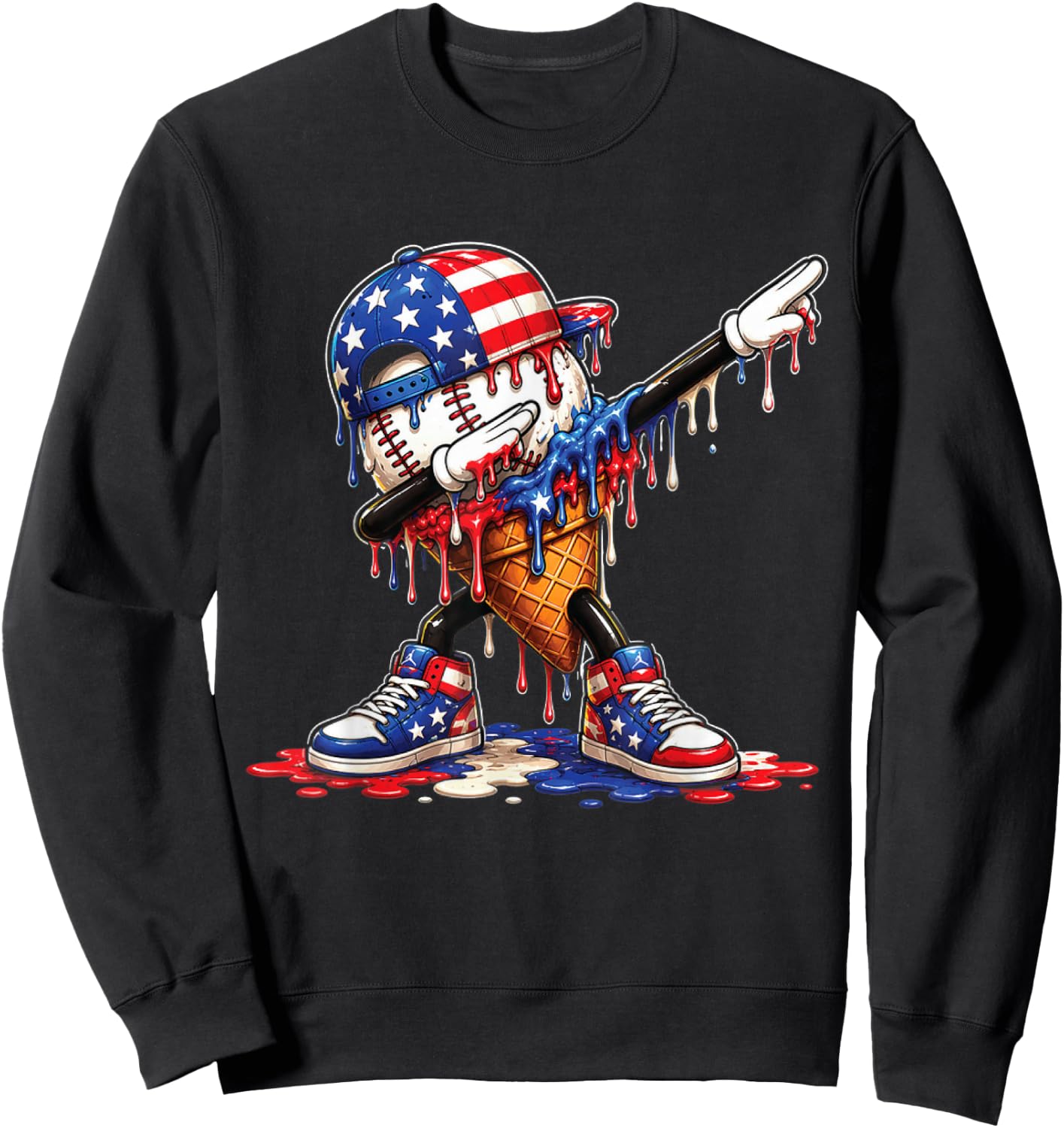 Baseball Drip Ice Cream Patriot American Flag 4th of July Sweatshirt - Sweatshirt | Black