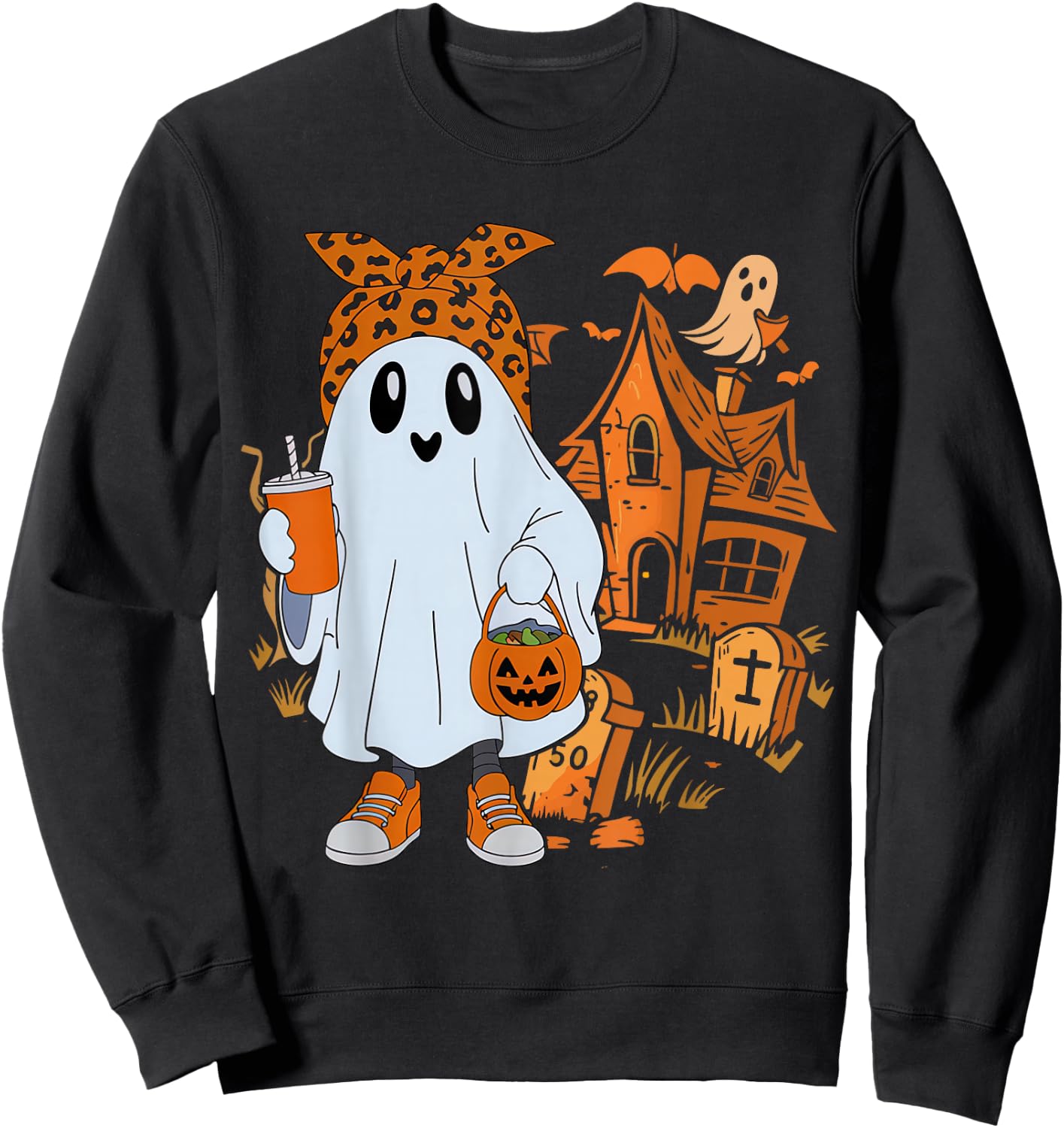 Cute Ghost Drinking Coffee Halloween Ghost Leopard Ice Coffe Sweatshirt - Sweatshirt | Black