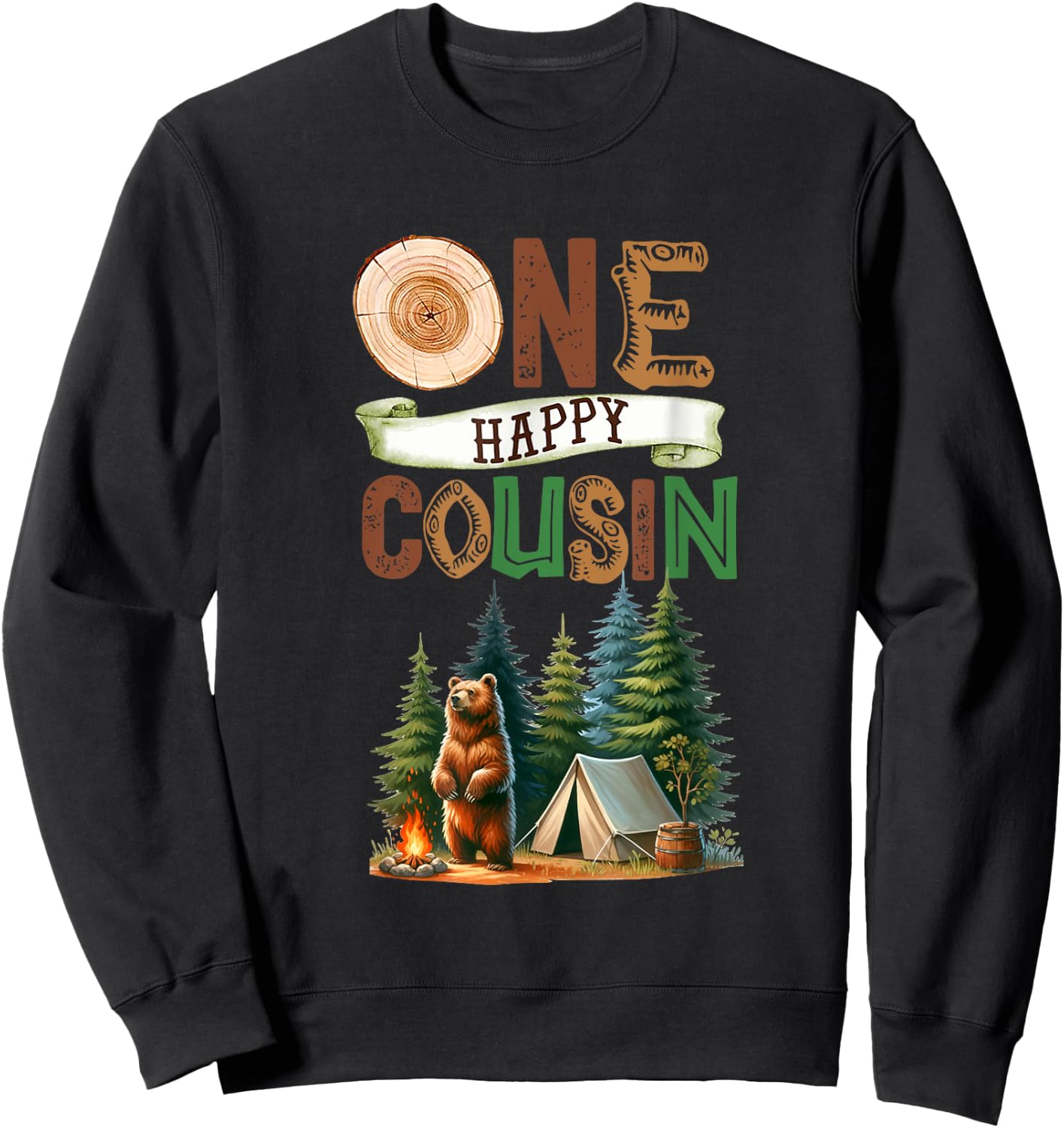 One Happy Cousin Camper First Birthday Camping Bear Kids Sweatshirt - Sweatshirt | Black
