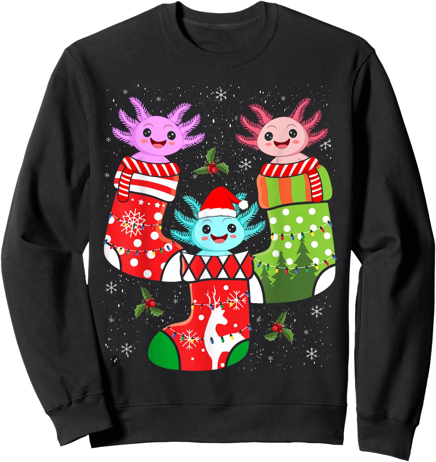 Kawaii Axolotl Christmas Stocking Kid Youth Teen Pajamas Pjs Sweatshirt - Sweatshirt | Black