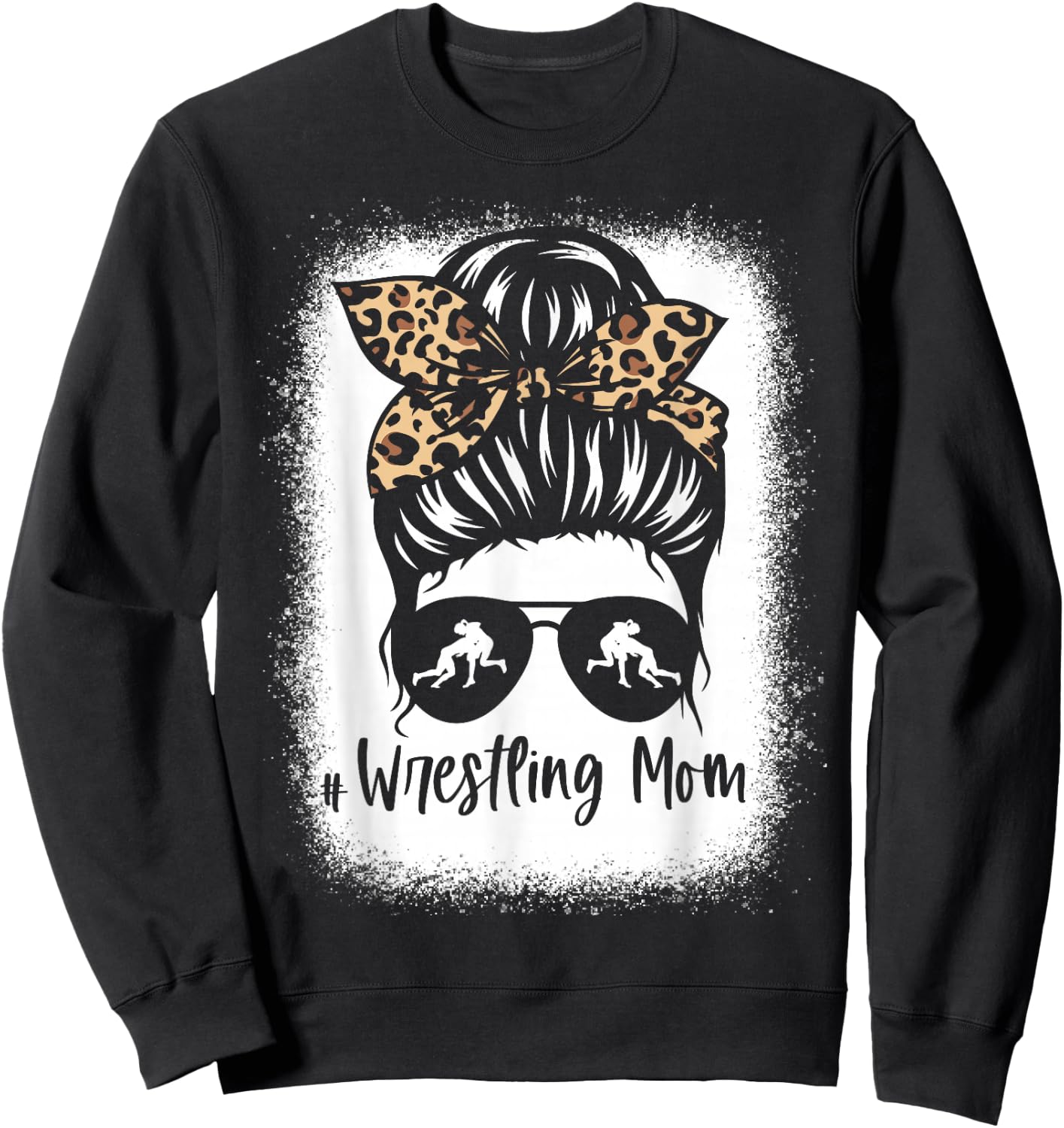 Wrestling Mom Messy Bun Leopard Wrestler Mama Sweatshirt - Sweatshirt | Black