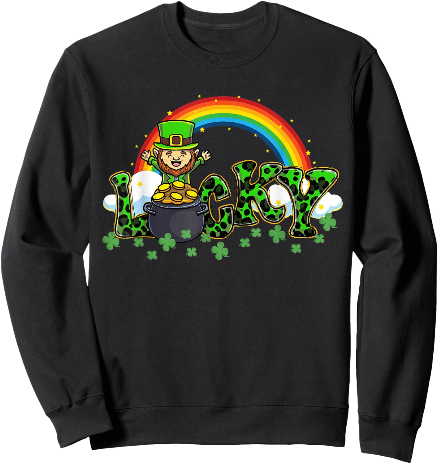 Lucky St Patricks Day Leprechaun Shamrock Leopard Clover Sweatshirt - Sweatshirt | Black