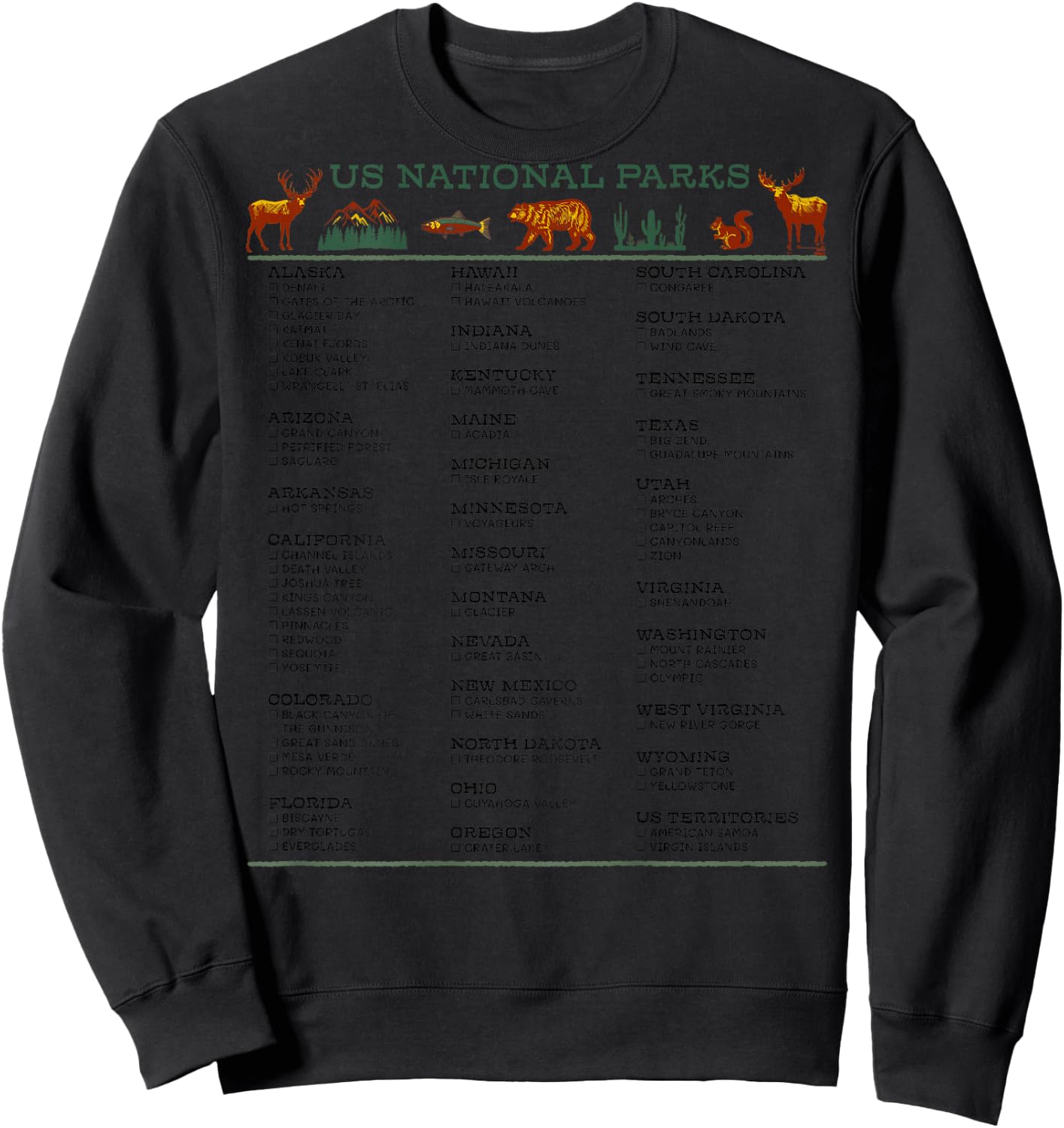 US National Parks Checklist List by State DESIGN ON BACK Sweatshirt - Sweatshirt | Black