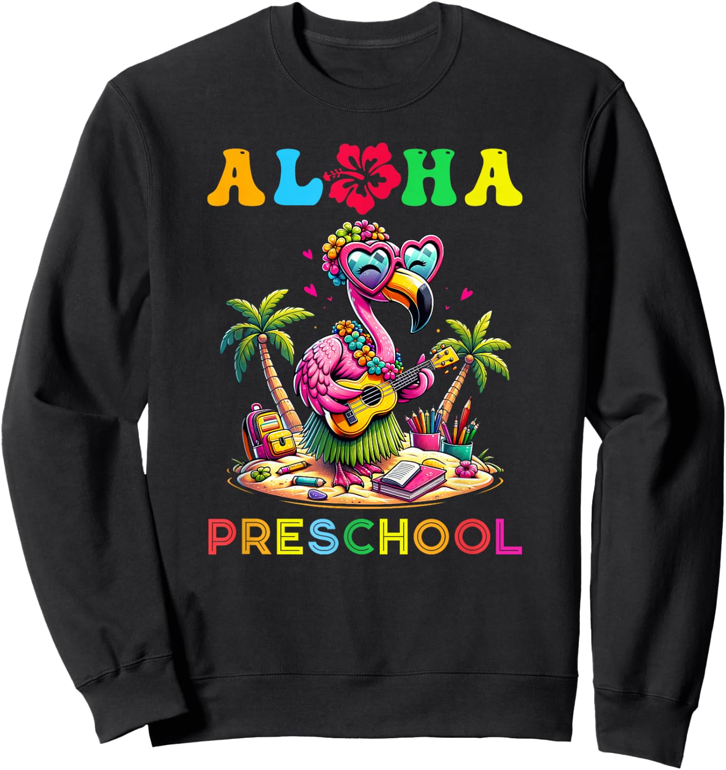 Aloha Preschool Flamingo Hawaii Back to School Kids Girl Sweatshirt - Sweatshirt | Black