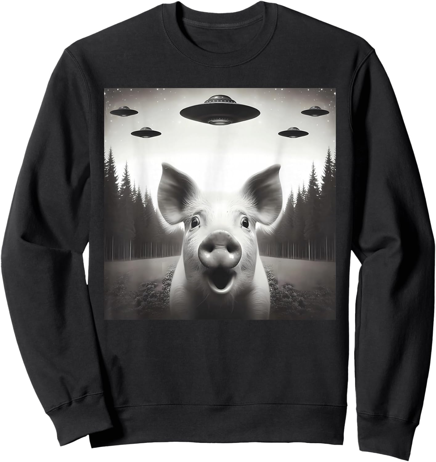 Funny Pig Selfie UFO Alien Humor Vintage Print Art Design Sweatshirt - Sweatshirt | Black