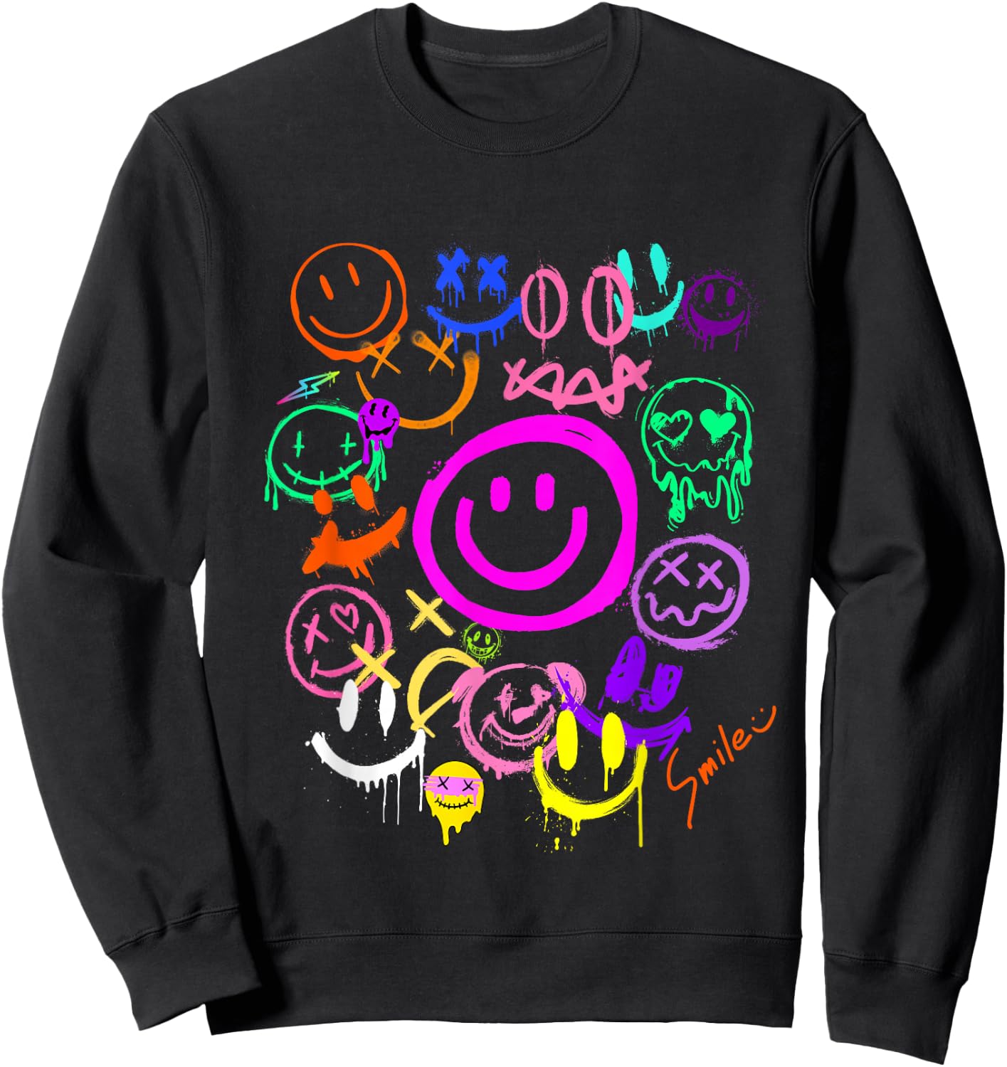 Smile Face Emoticons Fun Vivid Graffiti Smiley Face Graphic , black, S Sweatshirt - Sweatshirt | Black
