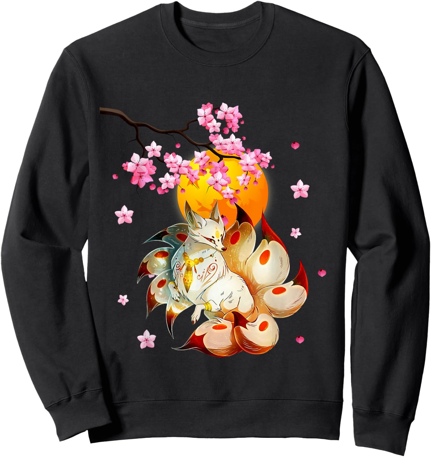 Kitsune-Fox Japanese Nine Tailed Fox-Cherry Blossom Flowers Sweatshirt - Sweatshirt | Black