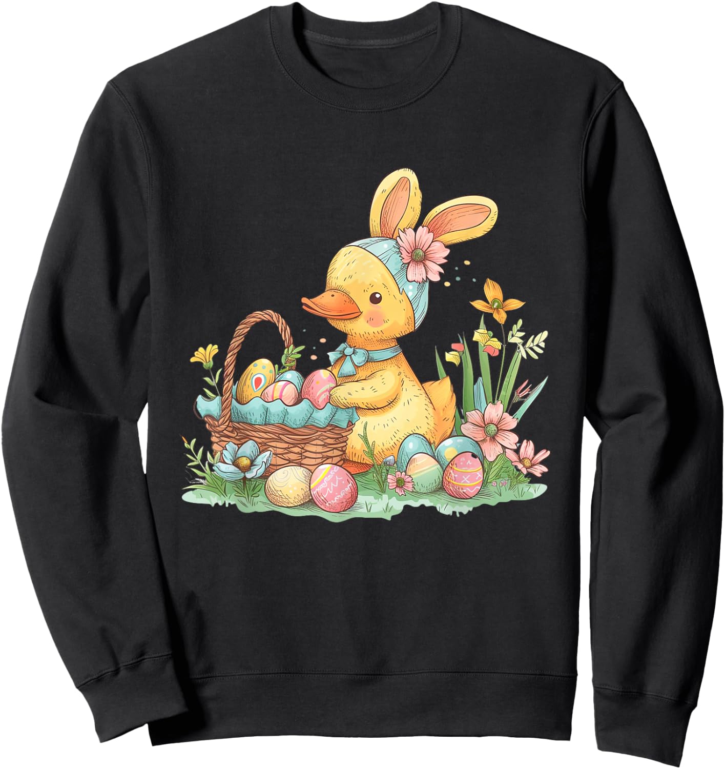 Easter Duck Easter Bunny Eggs Basket Sweatshirt - Sweatshirt | Black