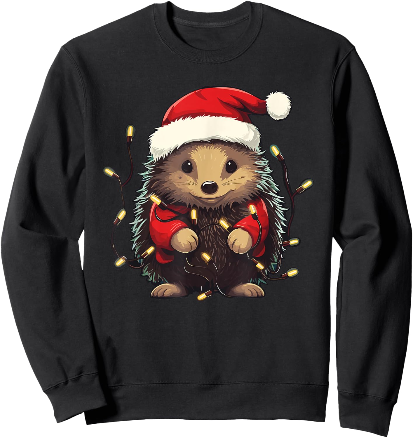 Cute Hedgehog Christmas Lights Santa Hat Xmas Pajama Sweatshirt - Sweatshirt | Black