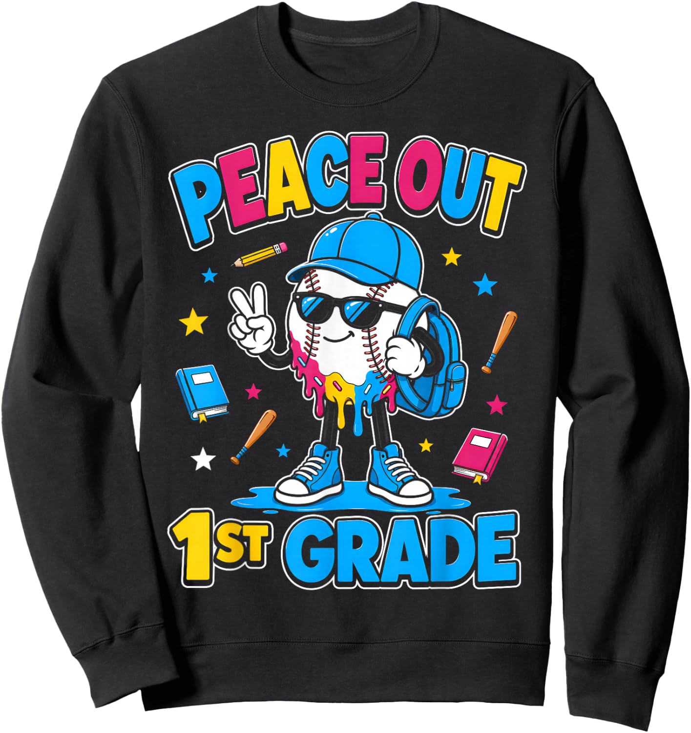 1st Grade Back to School Boys Baseball Ice Cream Drip Sweatshirt - Sweatshirt | Black