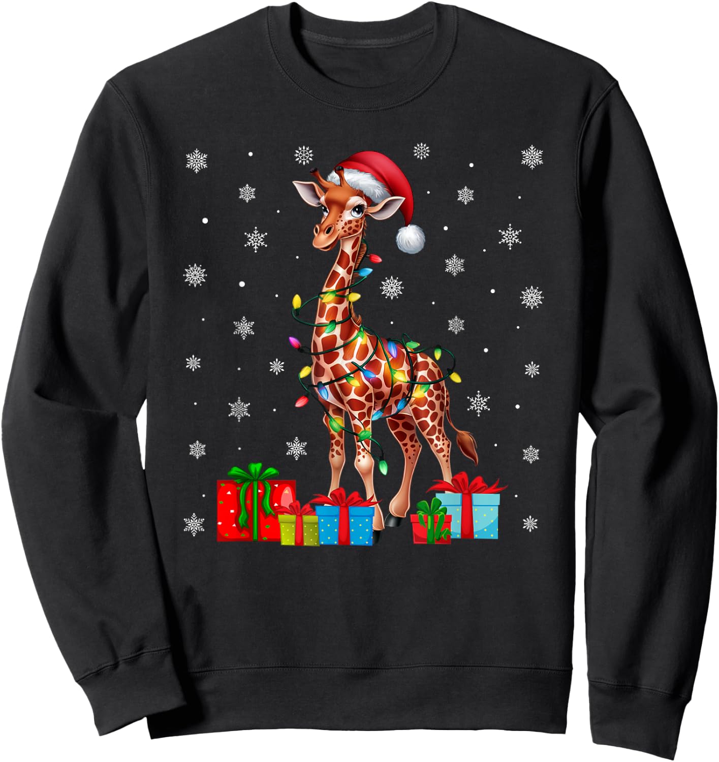 Giraffe Ugly Xmas Lights Santa Hat Giraffe Christmas Sweatshirt - Sweatshirt | Black