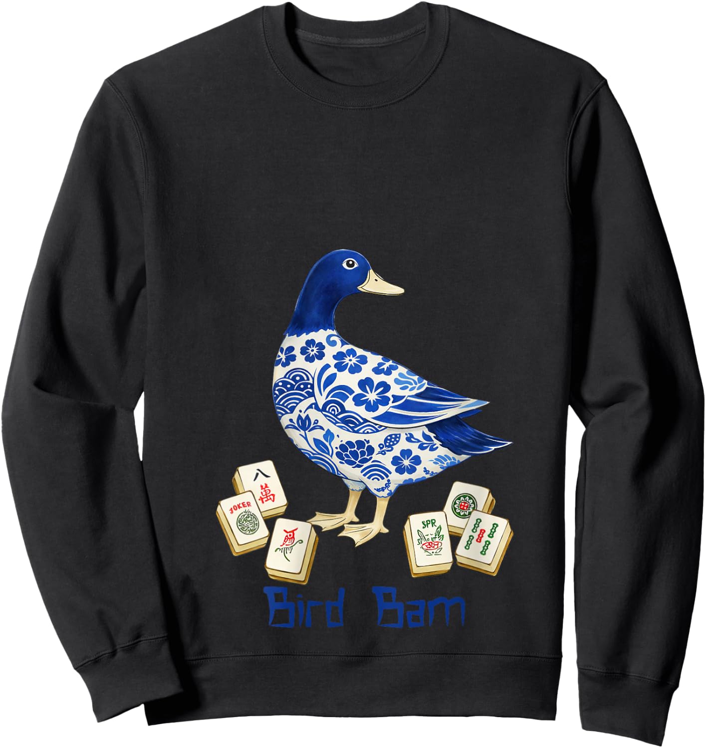 Women's Mahjong Lover Mahjong Player Mallard Duck Chinese Bird Bam V-Neck Sweatshirt - Sweatshirt | Black
