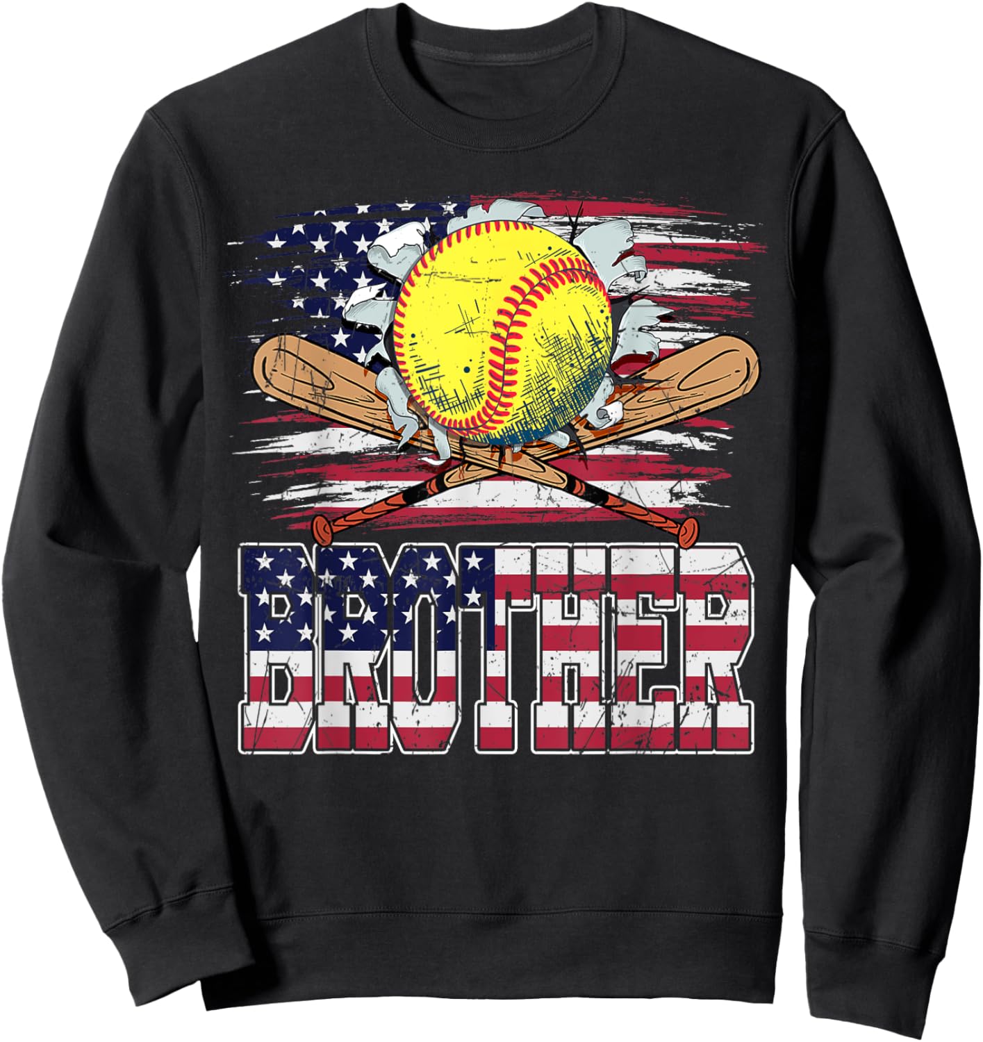 Softball Brother Vintage USA American Flag 4th Of July Women Kids Men Sweatshirt - Sweatshirt | Black