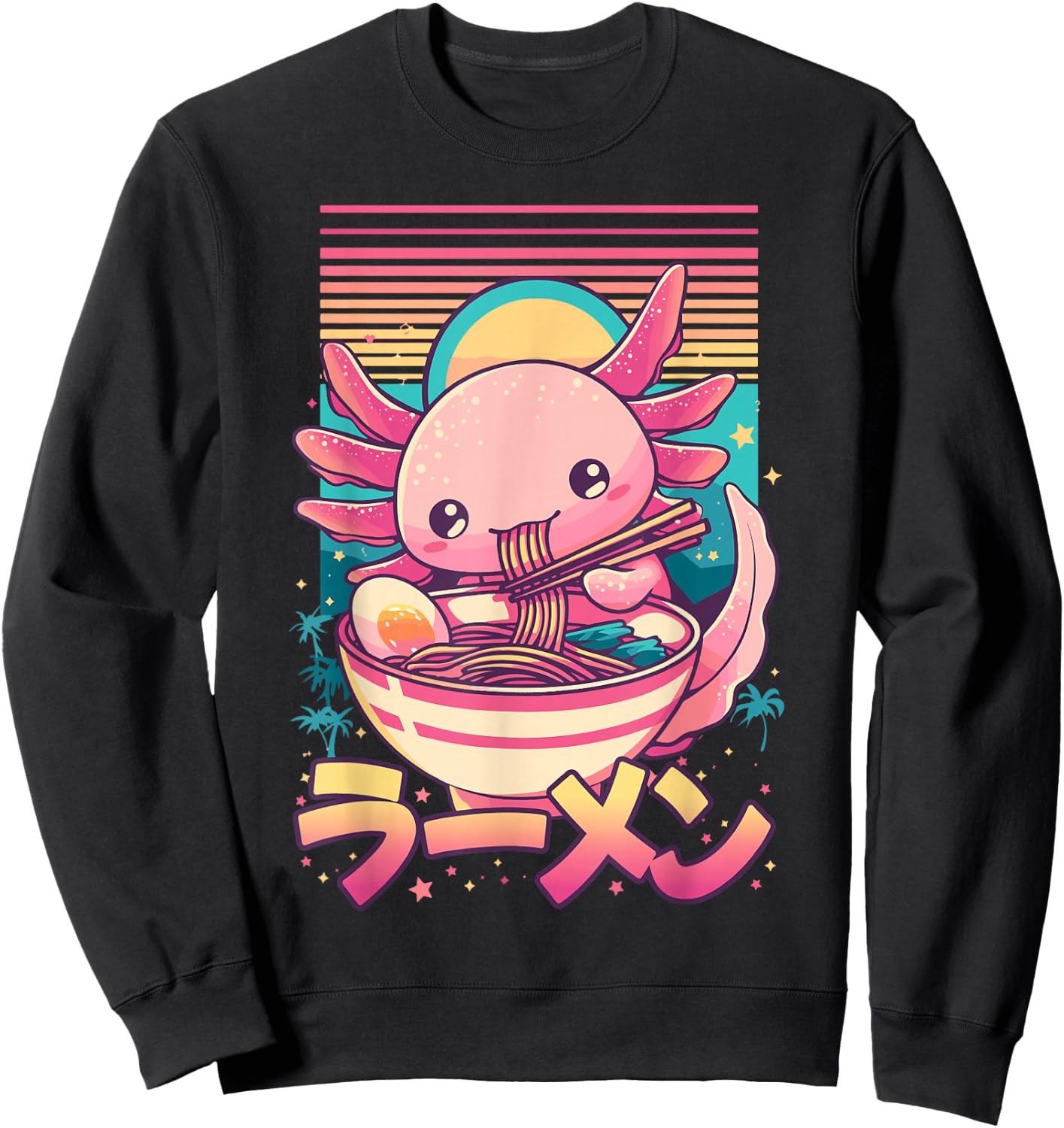 Anime Axolotl Eating Ramen Retro Kawaii Axolotl Ramen Sweatshirt - Sweatshirt | Black
