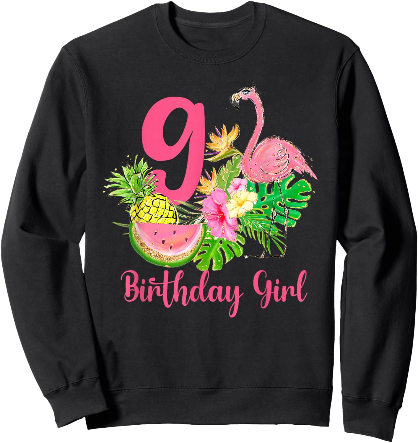 9th Birthday Tropical Flamingo Hawaii 9 Year Old Girl Sweatshirt - Sweatshirt | Black