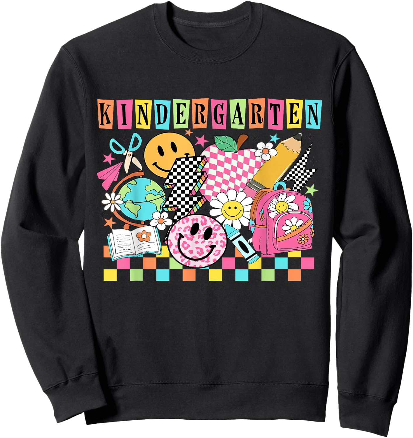Kindergarten Girls 1990s 90s Back to School Rainbow Groovy Sweatshirt - Sweatshirt | Black