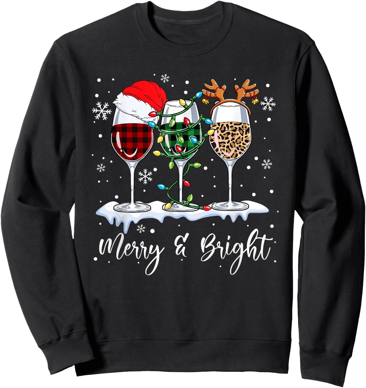 Three Wine Glasses Merry And Bright Christmas Wine Lover Sweatshirt - Sweatshirt | Black