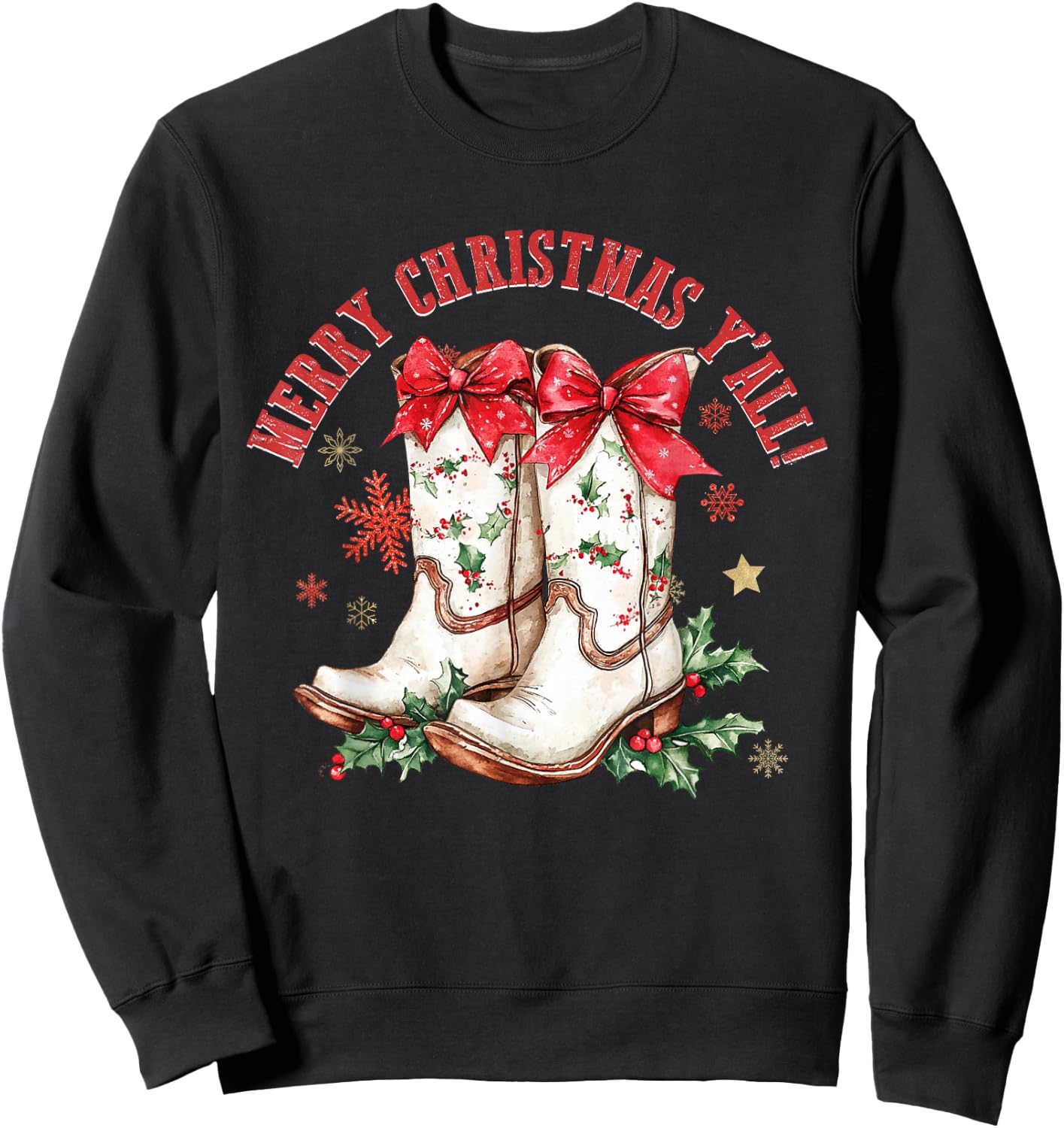 Merry Christmas Y'all Howdy Christmas Boots Cowgirl Coquette Sweatshirt - Sweatshirt | Black