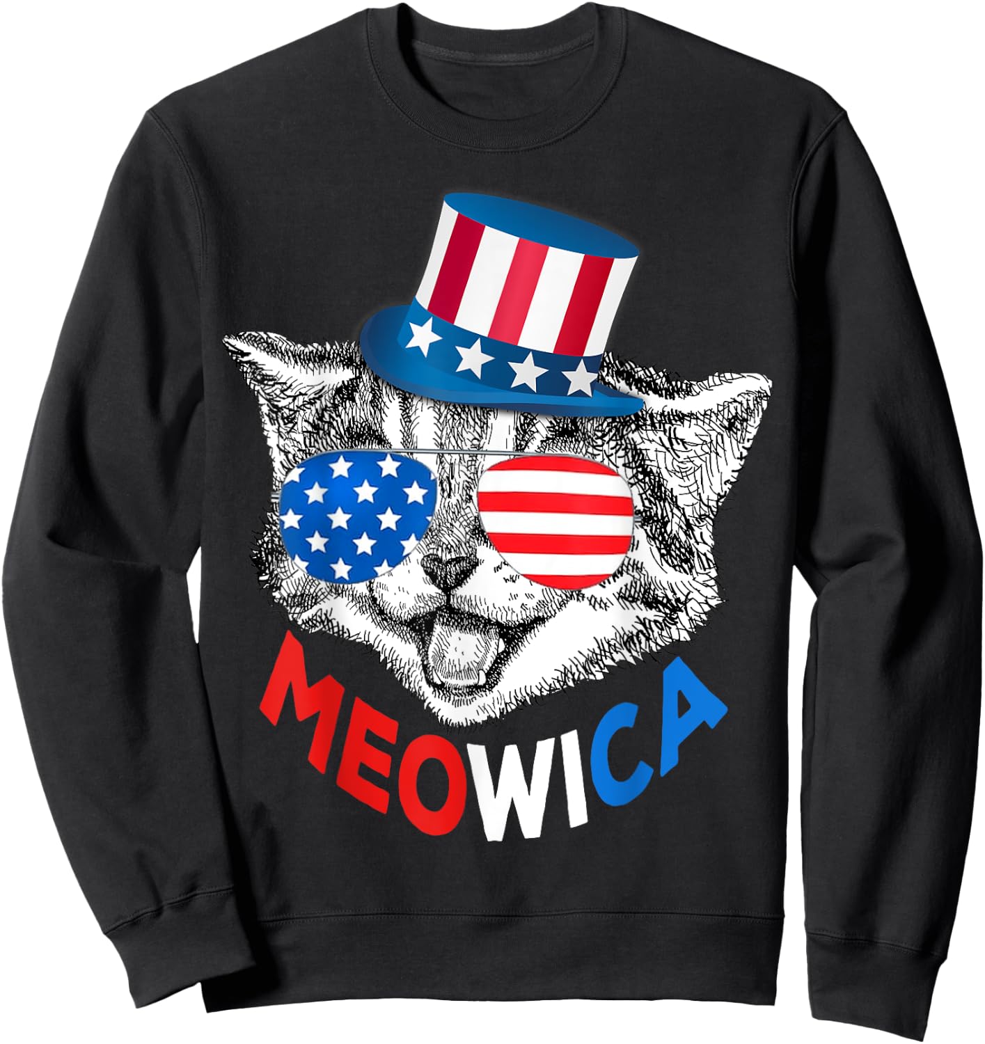 Patriotic Cat 4th of July Kids American Flag Girls Meowica Sweatshirt - Sweatshirt | Black
