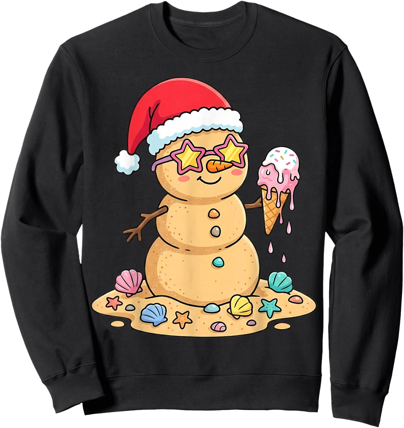 Cute Sand Snowman Santa Hat Christmas in July Sweatshirt - Sweatshirt | Black