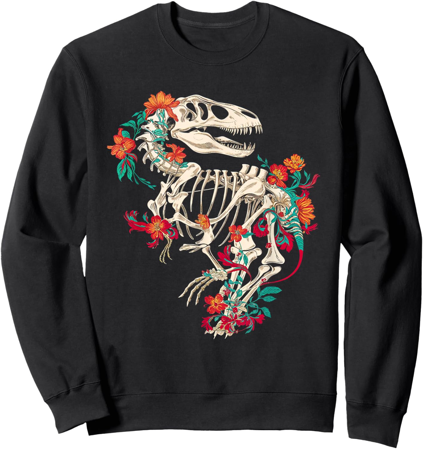 Rex Skeleton Floral Dino Bones Paleontology Dinosaur Sweatshirt - Sweatshirt | Black