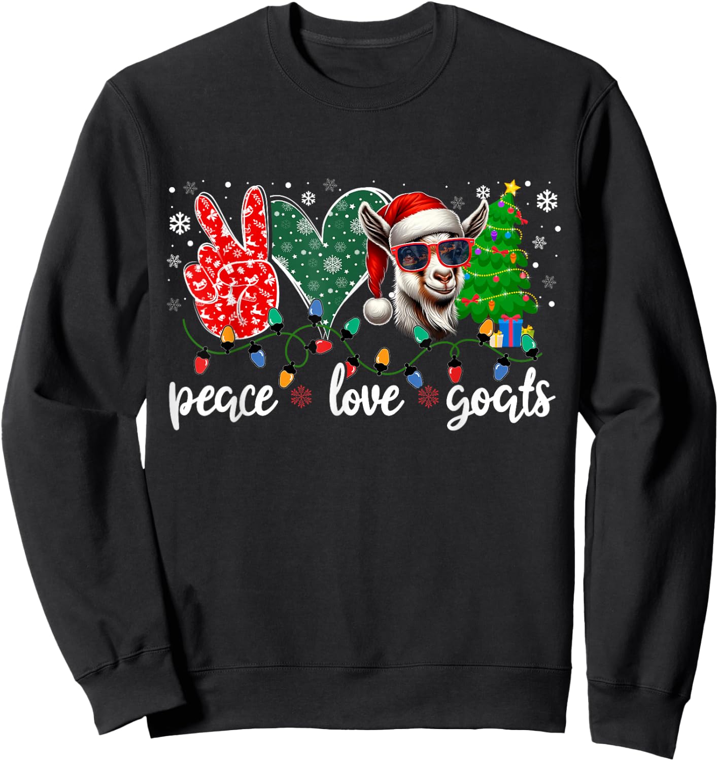 Peace Love Goats Funny Goat Santa Hat Sunglasses Xmas Tree Sweatshirt - Sweatshirt | Black