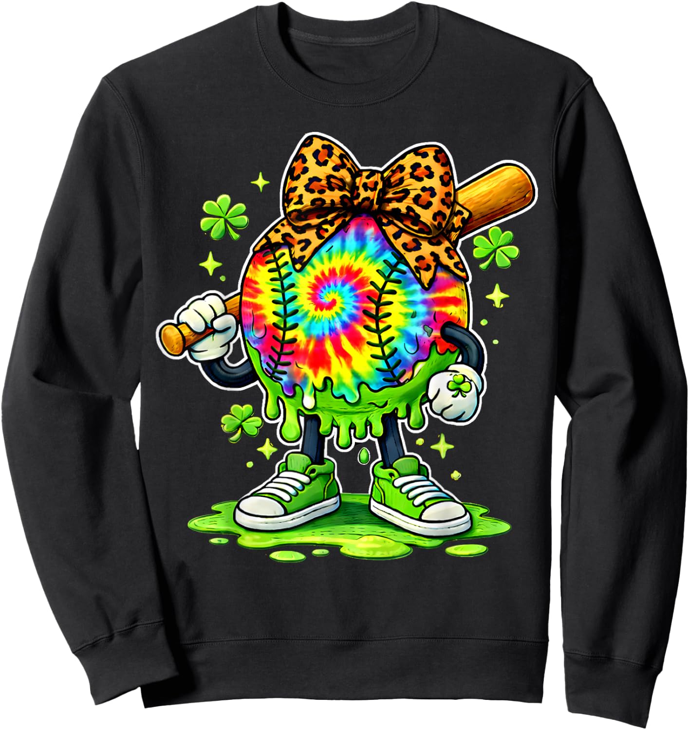 Lucky Tie Dye Softball with Leopard Bow St. Patrick’s Day Sweatshirt - Sweatshirt | Black