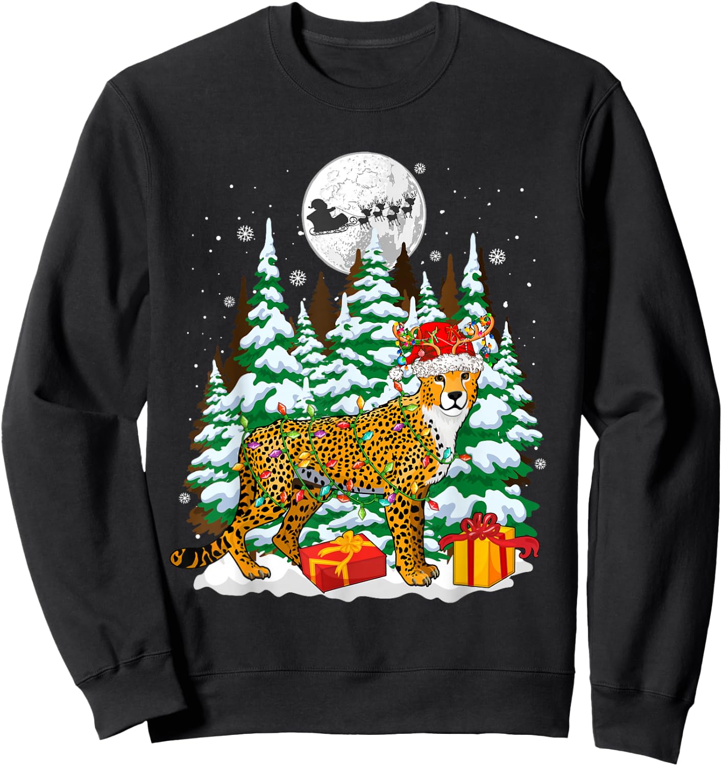 Santa Reindeer Cheetah Christmas Trees Animal Lover Kids Sweatshirt - Sweatshirt | Black