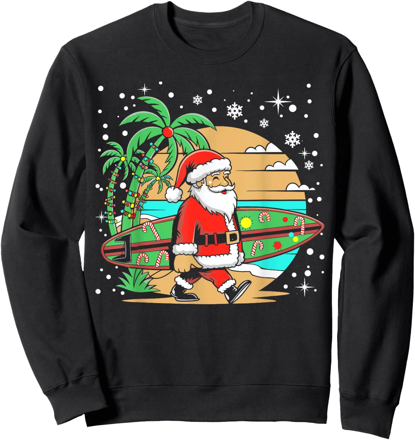 Surf Funny Surfboard Xmas Lights Santa Surfing Christmas Sweatshirt - Sweatshirt | Black