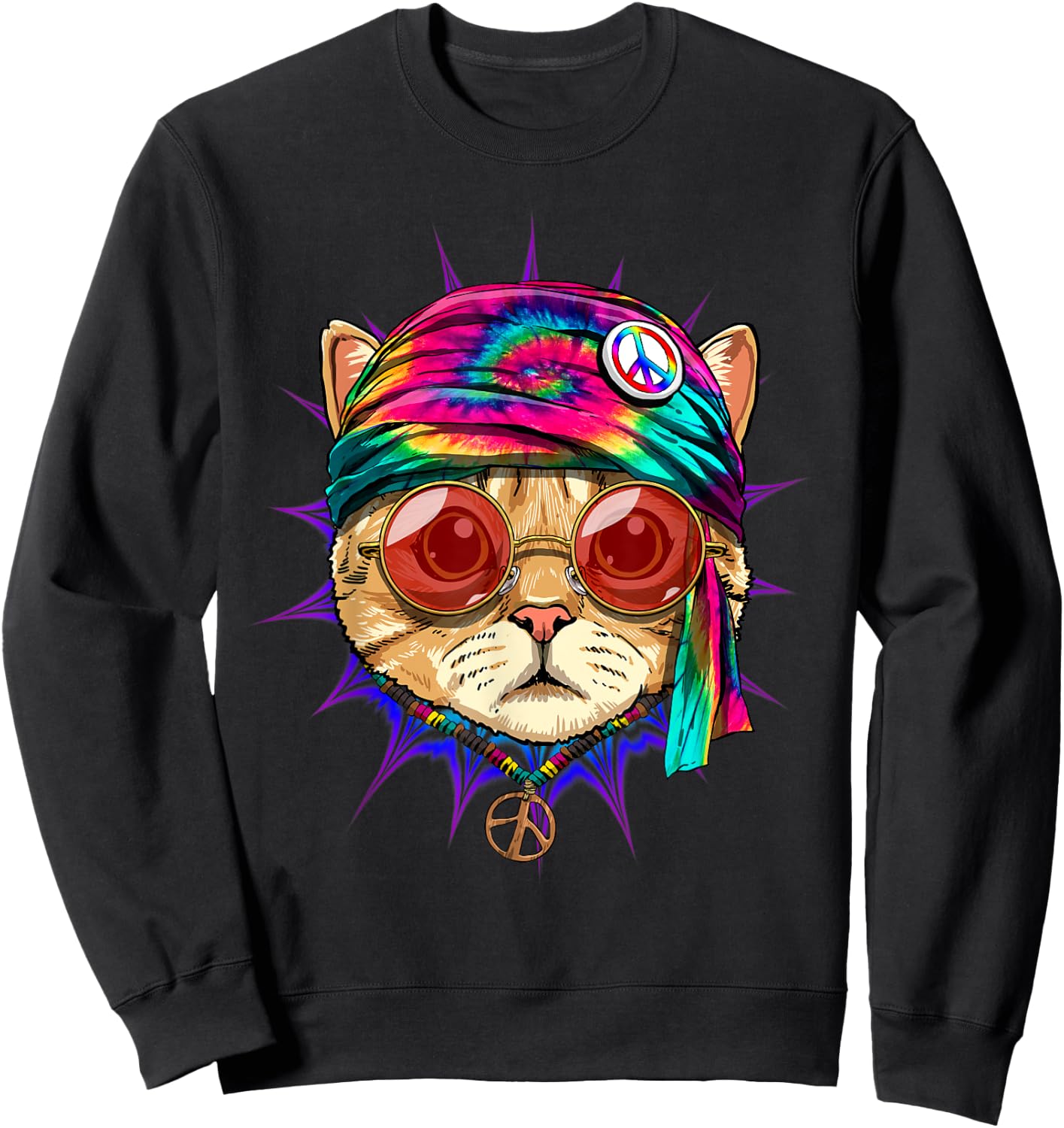 Tie Dye Cat Shirt Hippy Cat Peace Sign Cat Lover Sweatshirt - Sweatshirt | Black